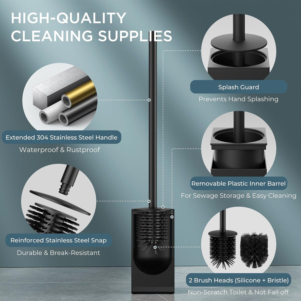 FORIOUS Stainless Steel Toilet Bowl Brush Scrubber and Holder Set Short
