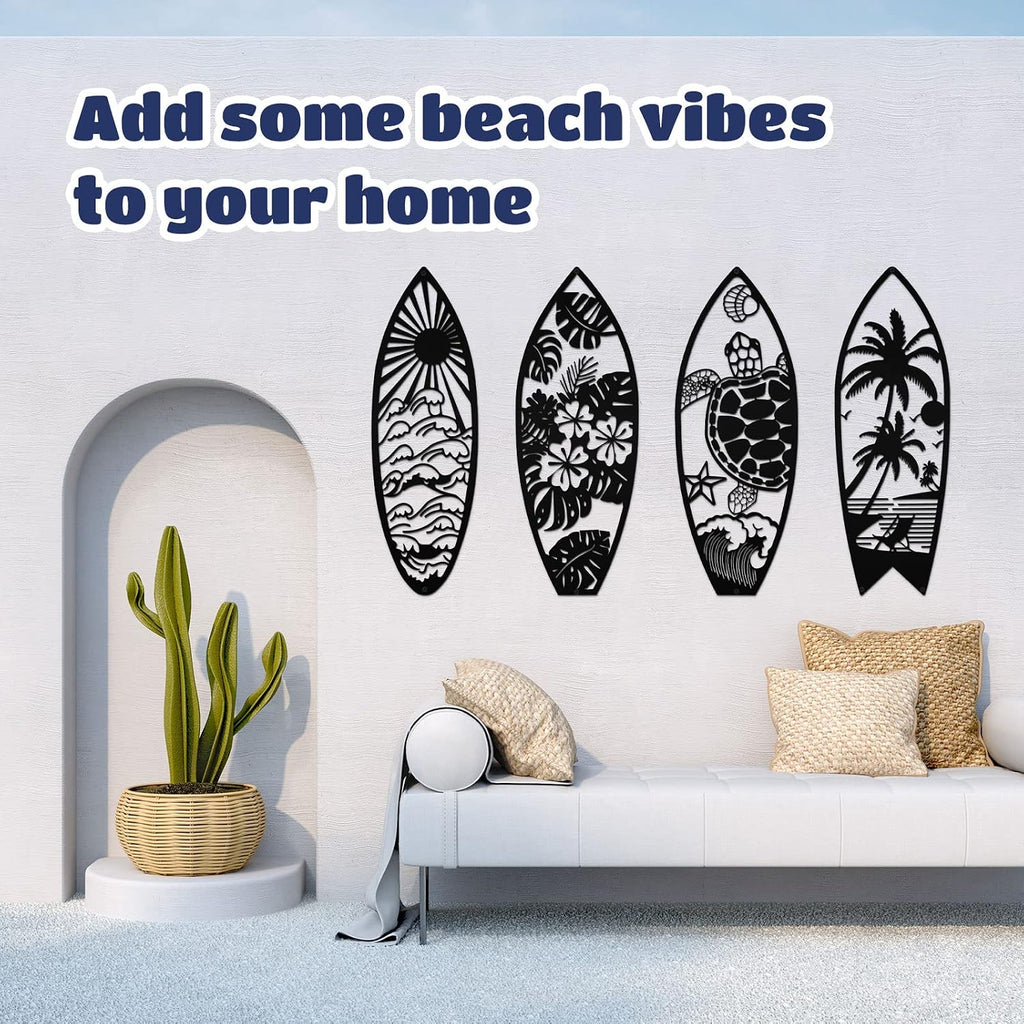 Therwen 4 Pcs Metal Surfboard Wall Decor, Tropical Beach Palm Turtle, Black
