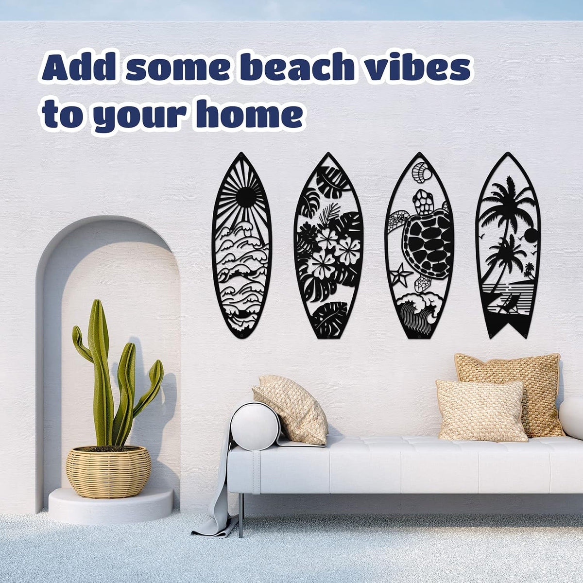 Therwen 4 Pcs Metal Surfboard Wall Decor, Tropical Beach Palm Turtle, Black