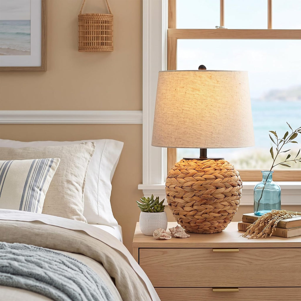 PARTPHONER 23’’ Rattan Table Lamp with Natural Woven Water Hyacinth Basket Base & Linen Drum Shade, Boho Farmhouse Bedside Lamp for Living Room Bedroom, Includes 3-Color Temperature LED Bulb