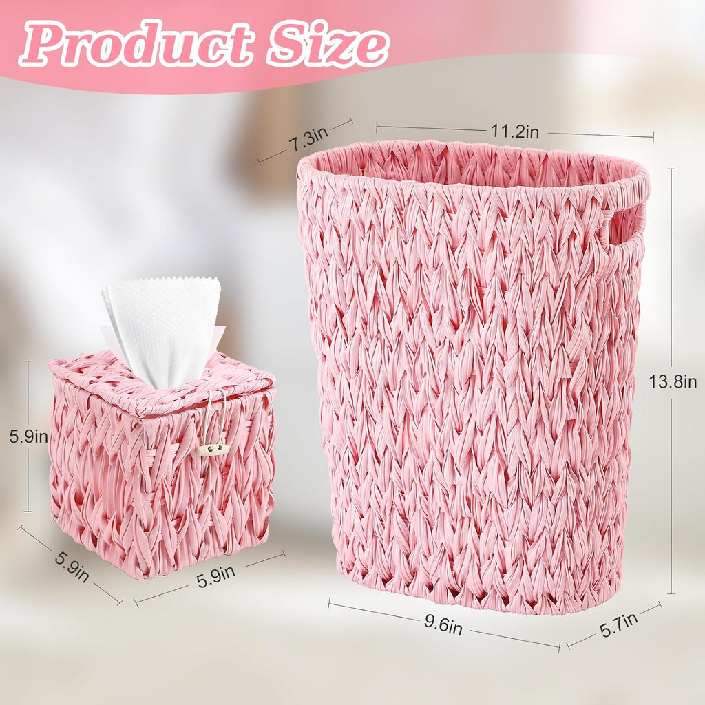 BSSN Wicker Trash Can and Square Tissue Box Cover, 4 Gallon Water Hyacinth Bathroom Trash Can, Handwoven Napkin Holder, Narrow Small Waste Basket, Rustic Decorative Home Set for Bedroom,Office (Pink)