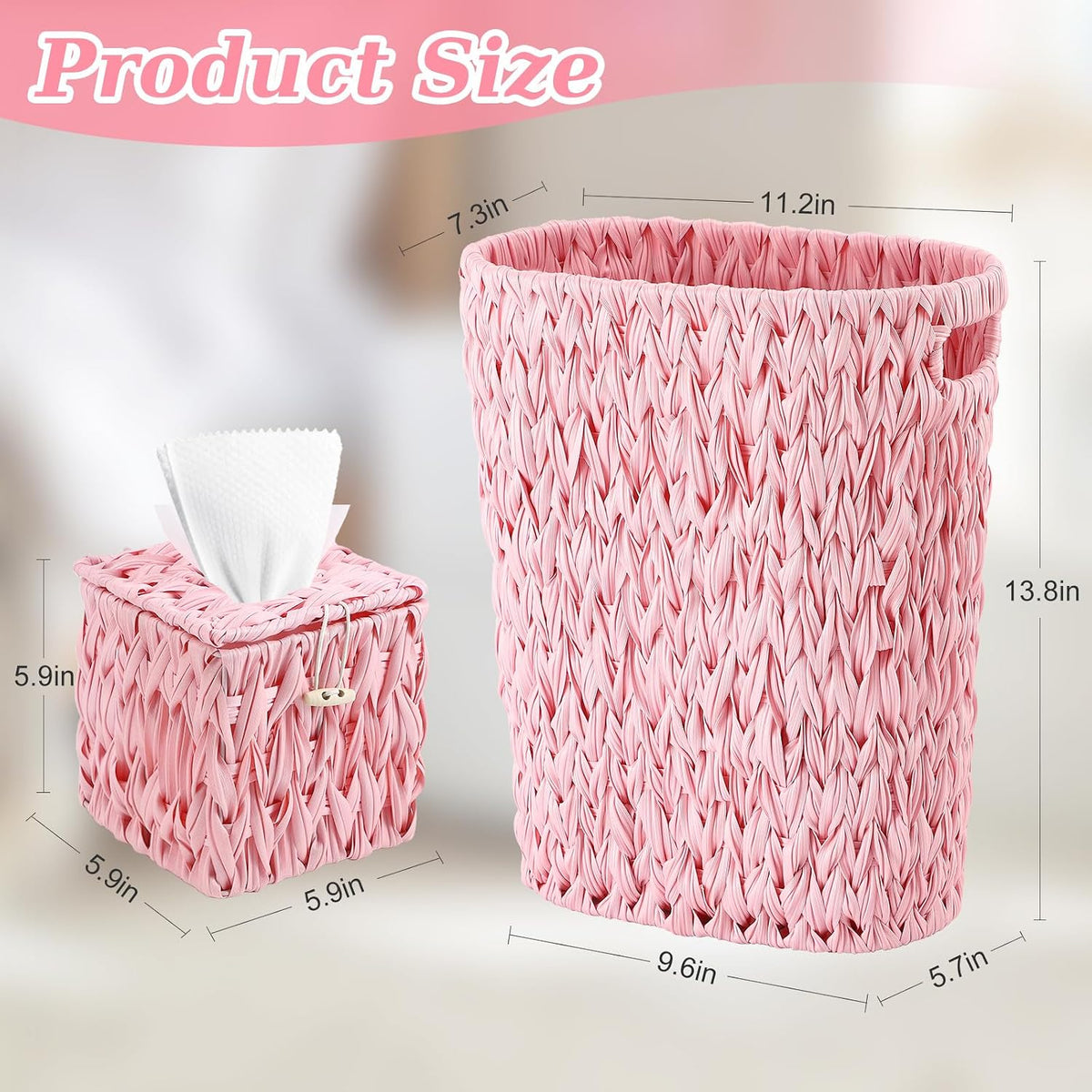 BSSN Wicker Trash Can and Square Tissue Box Cover, 4 Gallon Water Hyacinth Bathroom Trash Can, Handwoven Napkin Holder, Narrow Small Waste Basket, Rustic Decorative Home Set for Bedroom,Office (Pink)