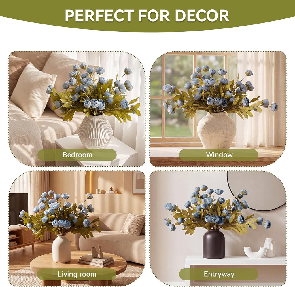 Pinkpum 12 Pcs Faux Silk Peony Artificial Flowers for Vase Decor Blue