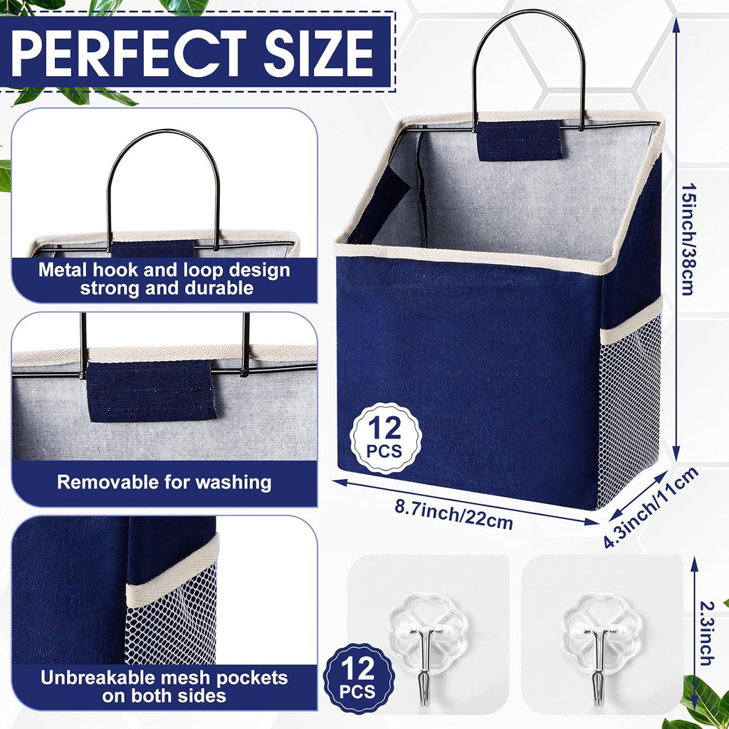 Woanger 12 Pcs Wall Hanging Storage Bag Wall Hanging Organizer Bag Over The Door Closet Basket Containers Bins with Hooks Pockets for Bedroom Bathroom, 15 x 4.3 x 8.7''(Navy Blue)