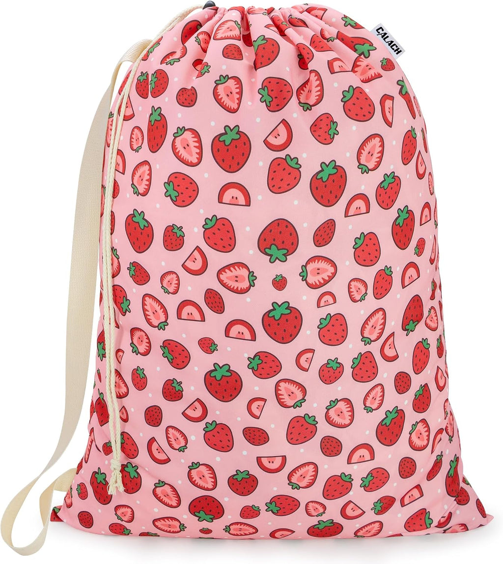 Canvas Laundry Bag with Shoulder Strap Drawstring, Strawberry, 23"W x 29"H