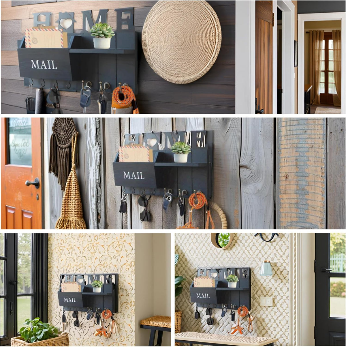 Rustic Wall Key Holder with Shelf & Hooks - Mail Organizer for Entryway | Wooden Key Rack for Keys, Coats, Dog Leash-Black
