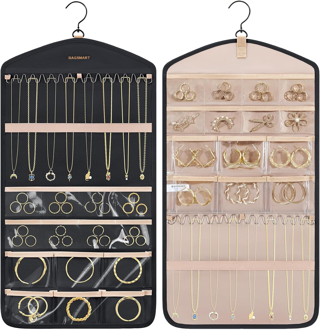 BAGSMART Hanging Jewelry Organizer with Hanger Metal Hooks Double-Sided Jewelry Holder for Organizing Earrings Necklaces Rings Perfect for in Hanging Closet, Wall, Door, 1 Piece, M, Black