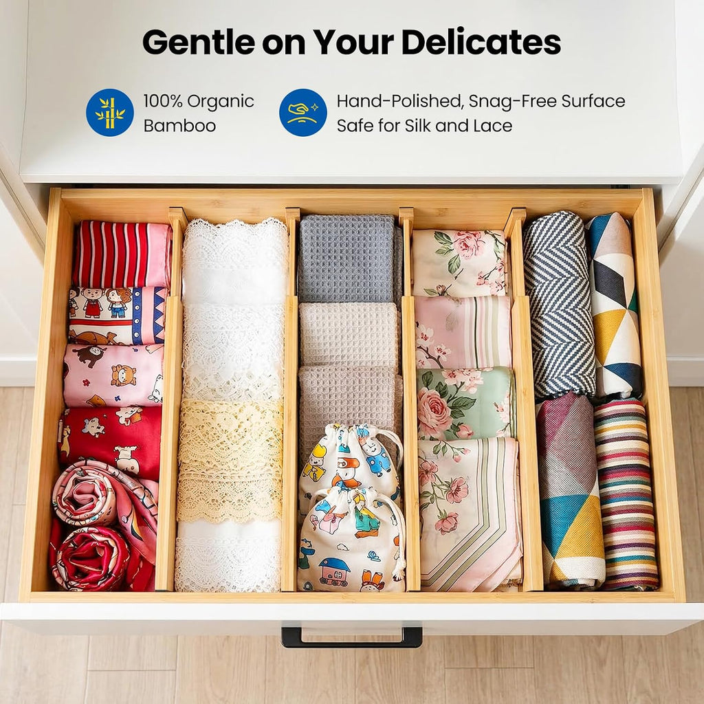 4 Pack 6" Deep Bamboo Drawer Dividers, 17-22" Expandable Kitchen Organizers