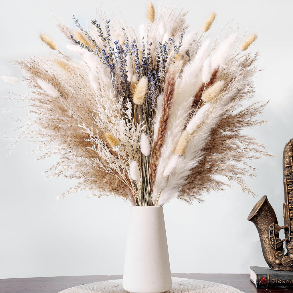 Dried Pampas Grass Bouquet – Floral Decor for Home, Wedding, Mantel & Table Centerpiece – Beige & White Pampas, Bunny Tail Dried Flowers, Lavender – Boho Chic, Rustic Farmhouse & Aesthetic Room Decor