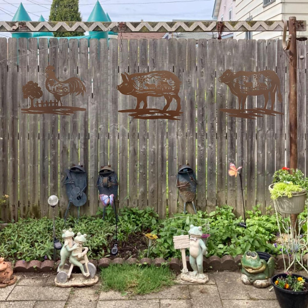 Farm Wall Decor Farmhouse Metal Wall Art Pig Cow Rooster, 9 Inch set of 3