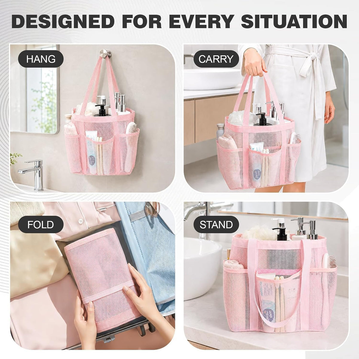 Mesh Shower Caddy Portable with Zipper for College Dorm Essentials Pink