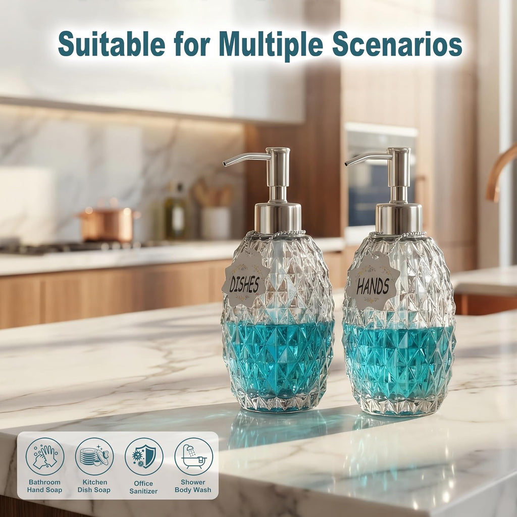 MALACHI Glass Soap Dispenser, 304 Rustproof Stainless Steel Pump, Refillable Multi‑use for Hand Soap, Dish Soap, Body Wash, Shampoo, Baby Wash for Bathroom Kitchen & Commercial