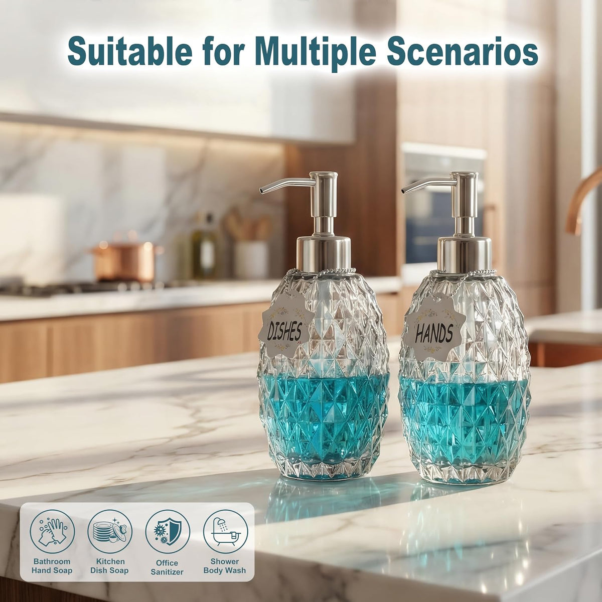 MALACHI Glass Soap Dispenser, 304 Rustproof Stainless Steel Pump, Refillable Multi‑use for Hand Soap, Dish Soap, Body Wash, Shampoo, Baby Wash for Bathroom Kitchen & Commercial