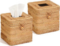 2 Pcs Rattan Tissue Box Cover 5.7" x 5.7" x 5.7"Rattan Square Tissue Box Cover Decorative Woven Facial Tissue Holder with Hinged Top Lid for Home Office Desk Living Room Bathroom Dec