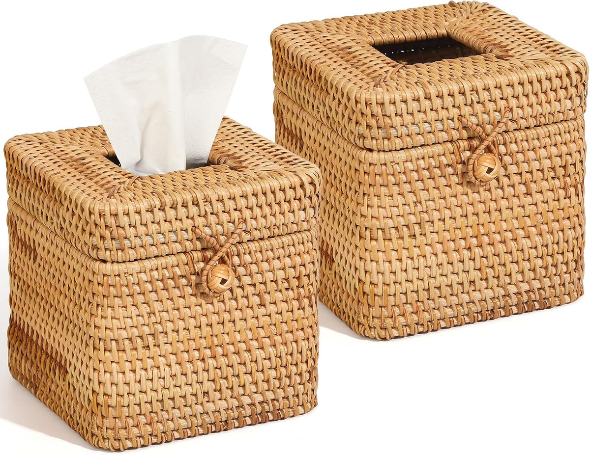 2 Pcs Rattan Tissue Box Cover 5.7" x 5.7" x 5.7"Rattan Square Tissue Box Cover Decorative Woven Facial Tissue Holder with Hinged Top Lid for Home Office Desk Living Room Bathroom Dec