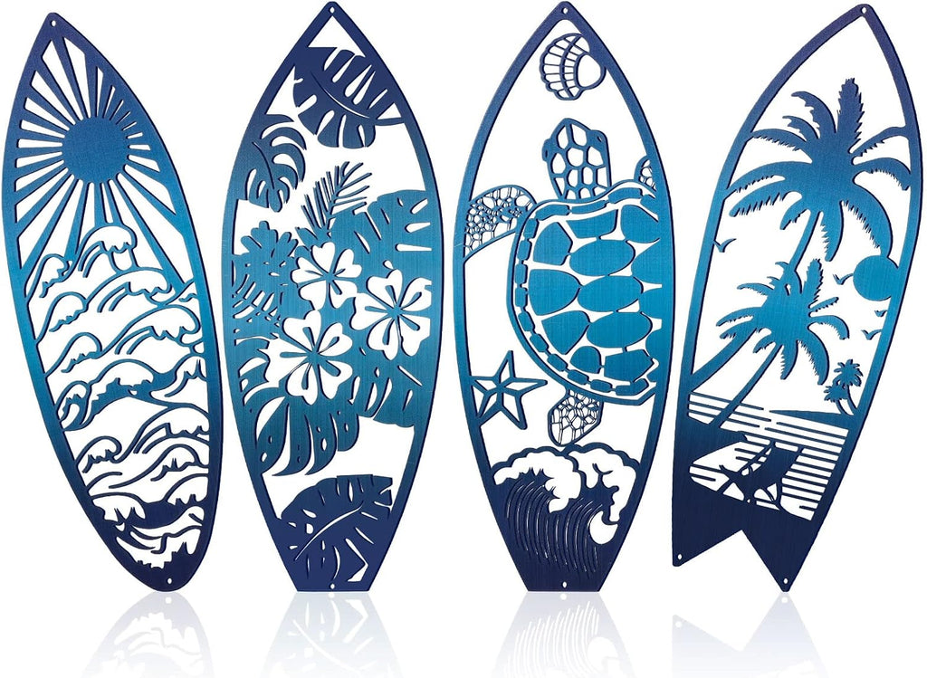 Therwen 4 Pcs Metal Surfboard Wall Decor, Tropical Beach Palm Turtle, Blue