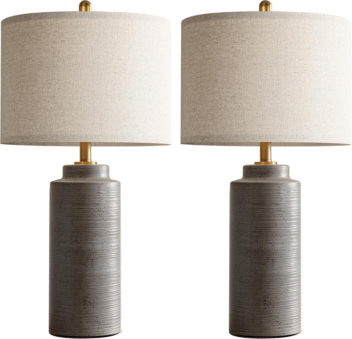 PARTPHONER 27" Vintage Ceramic Table Lamp Set of 2, Rustic Farmhouse Bedside Lamps with Ribbed Textured Finish, Greyish Brown Earth Tone Nightstand Lamps for Living Room Bedroom End Tables Home Decor