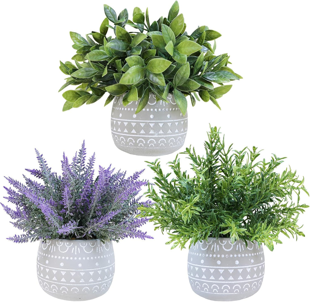 Winlyn Faux Potted Plants Set of 3 – Artificial Lavender Flower, Rosemary, Boxwood in Gray Geometric Concrete Pots for Wedding Home Living Room Table Centerpiece Windowsill Shelf French Boho Décor