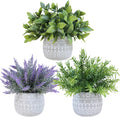 Winlyn Faux Potted Plants Set of 3 – Artificial Lavender Flower, Rosemary, Boxwood in Gray Geometric Concrete Pots for Wedding Home Living Room Table Centerpiece Windowsill Shelf French Boho Décor