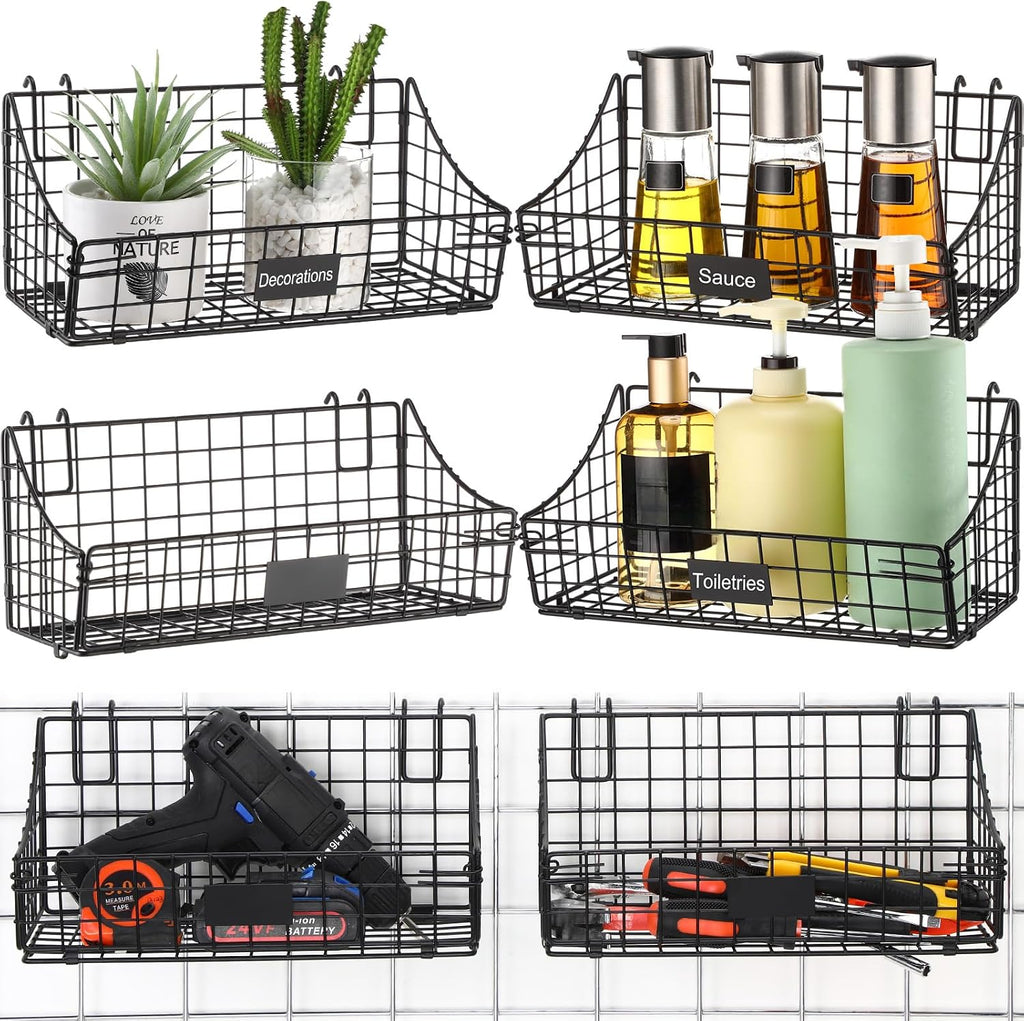 Blulu 4 Pcs Grid Wall Baskets, Wire with Hooks for Hanging, 11 x 6 x 5 Inch