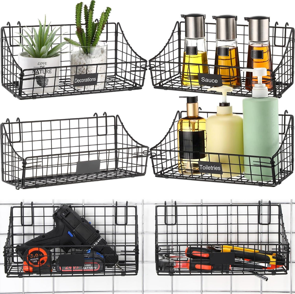 Blulu 4 Pcs Grid Wall Baskets, Wire with Hooks for Hanging, 11 x 6 x 5 Inch