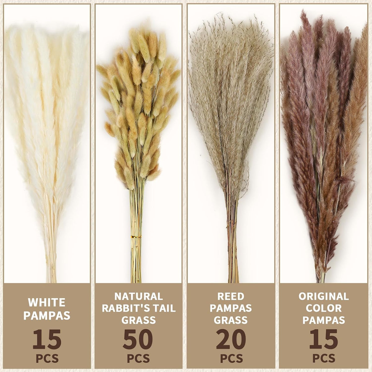 Le courant 17" 100Pcs Dried Pampas Grass Decor, Naturally Small Boho Pampas Grass with Bunny Tails & Reed Grass for Home Table Decor, Wedding, Rustic Farmhouse Party Decorations, White and Brown