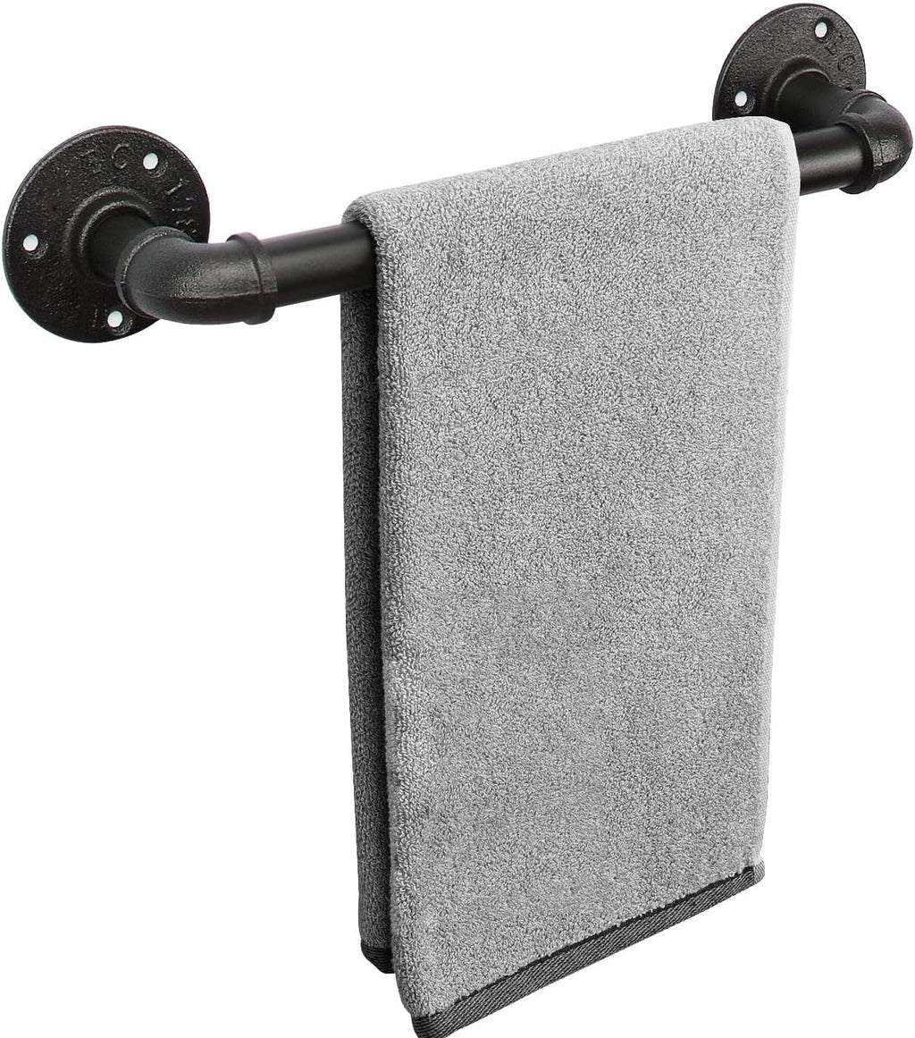 Livabber Industrial Pipe Towel Bar, Rustic Iron Decor Bathroom Hardware Towel Holder Accessory, Heavy Duty Wall Mounted Bath Towel Rack,Black (12 Inch)