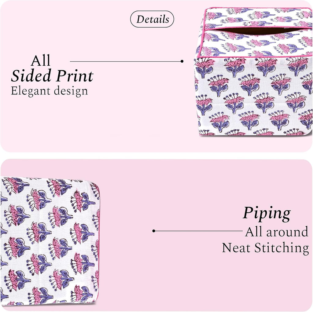 CPC 100% Cotton Piping Block Print Tissue Box Cover, Pink Sapphire
