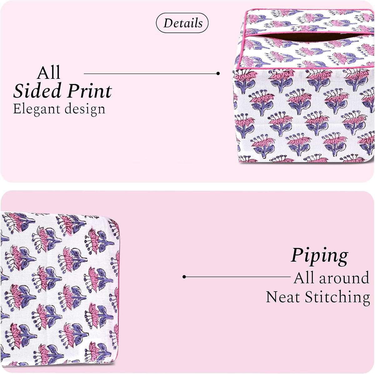 CPC 100% Cotton Piping Block Print Tissue Box Cover, Pink Sapphire