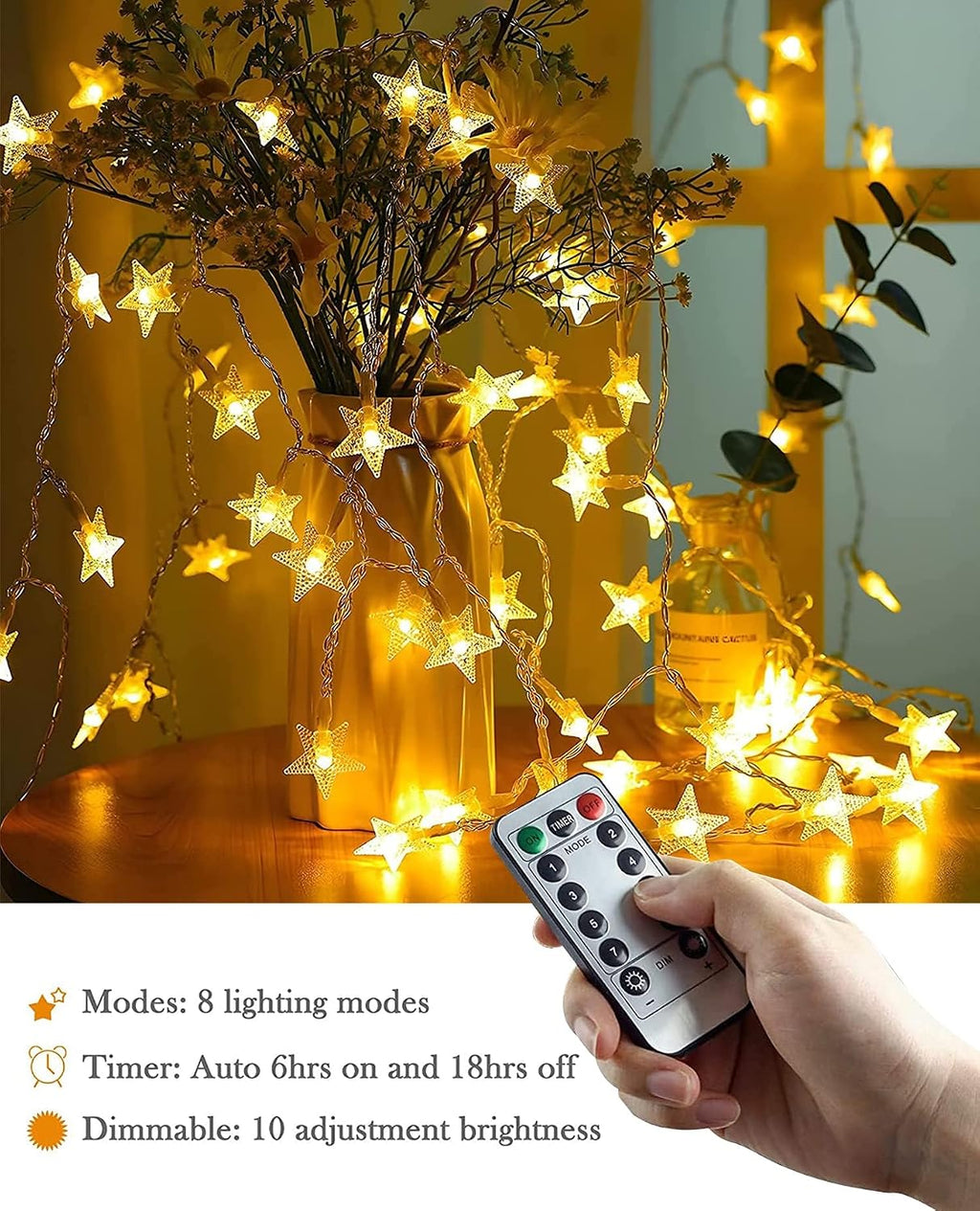 ANJAYLIA 100 LED 32FT Battery Operated Star Lights & Remote, Warm White