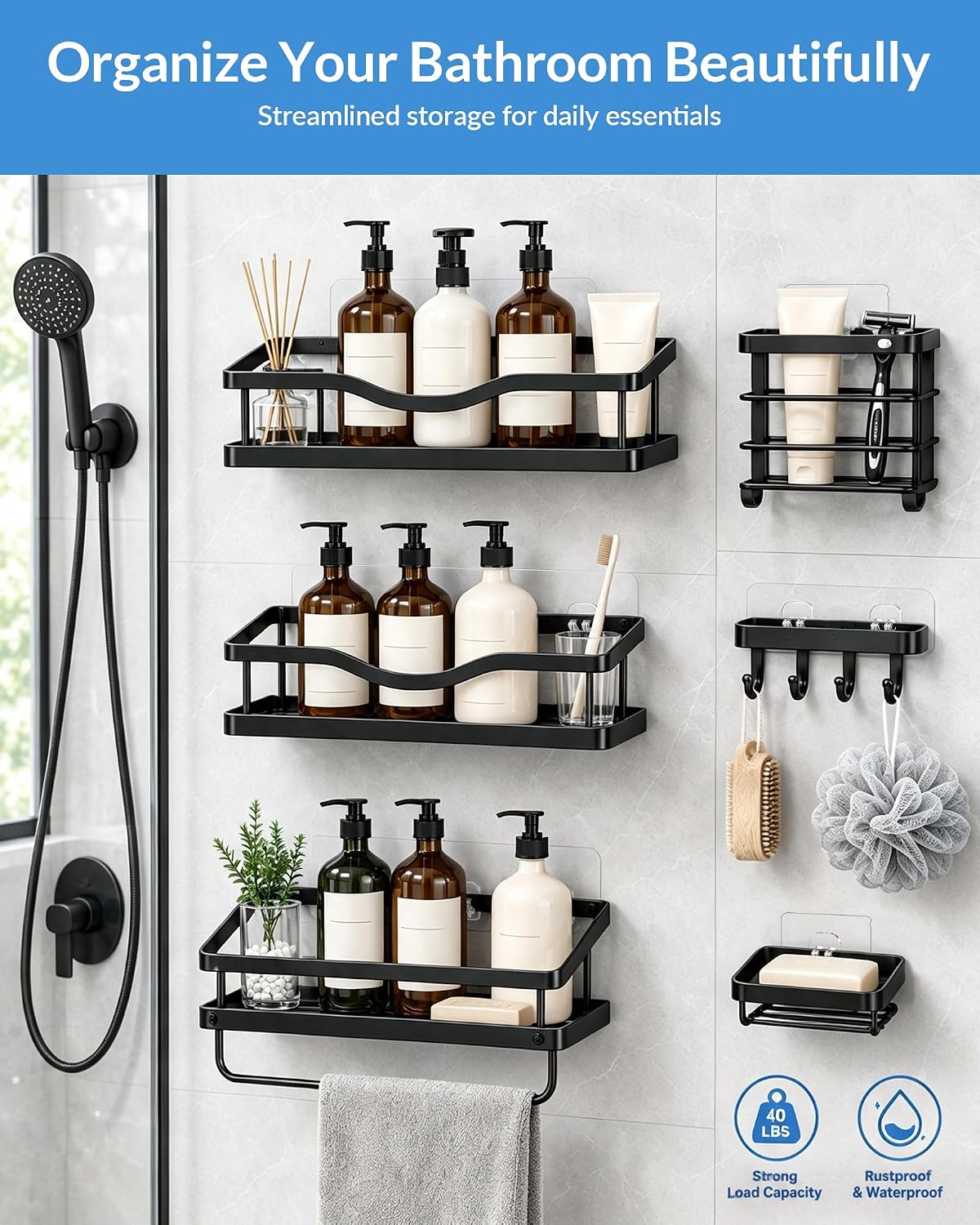 COOLMI Shower Caddy Adhesive Replacement, 14 Pack Mixed Hook Set