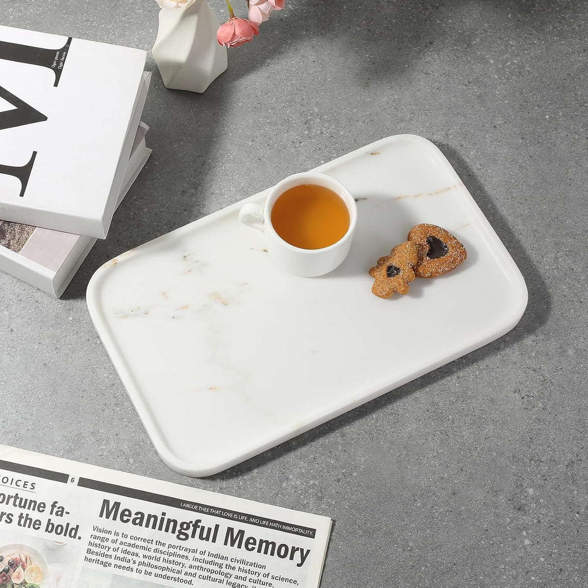 Karibiber Calacatta Vanity Tray, 14 in Marble Stone Bathroom Tray for Countertop, Golden Marble Decorative Perfume Tray for Dresser, Large Nightstand Tray, Storage Tray for Coffee Table