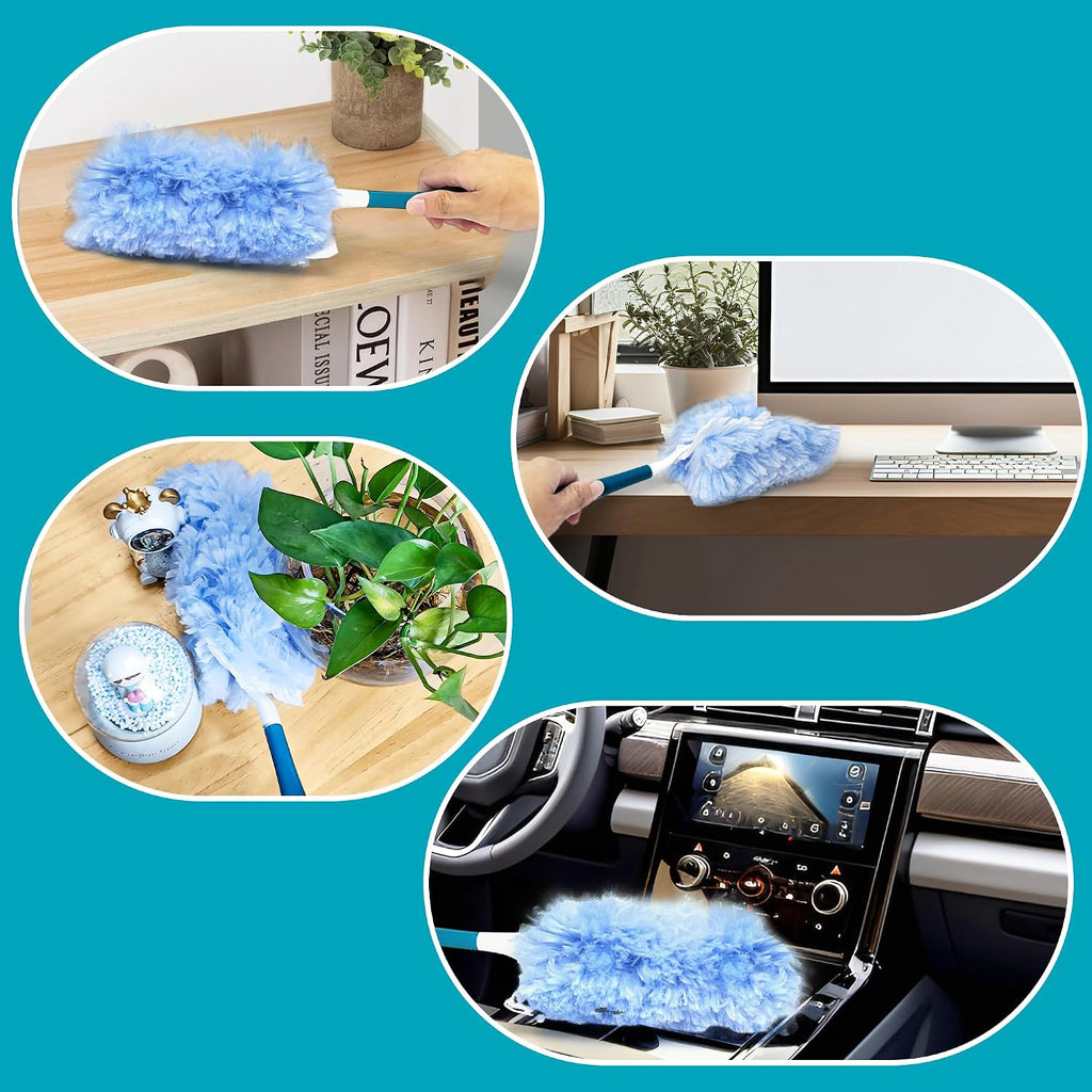 NEWE Duster Refills 20 PCS with Handle Compatible with Swiffer, 360 Degree Heavy Duty Dusting Kit with 4X Microfibers, Multi-Surface Dust Removing Tool for Cleaning Blinds Bookshelf Furniture