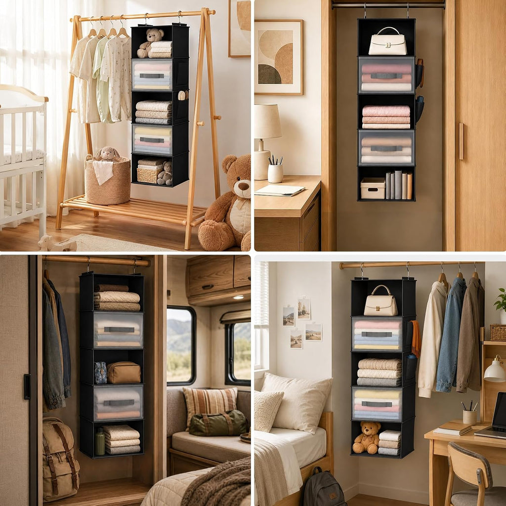 5-Layer Suspended Fabric Shelf Organizer, Equipped with 2 Sturdy Hooks, 2 Separate Drawers, and Foldable Hanging Storage (Black)