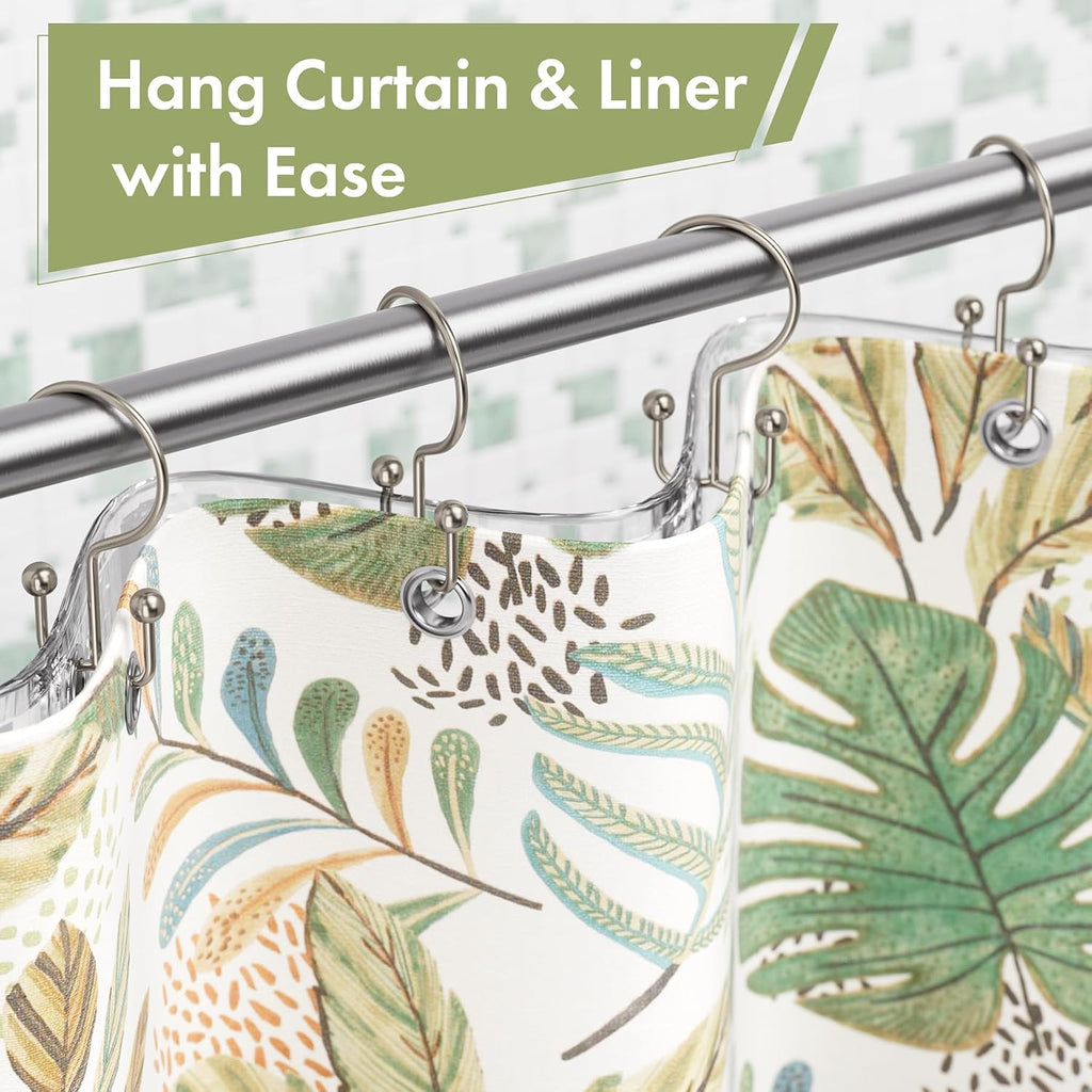Amazer Nickel Shower Curtain Hooks, 12PCS Minimalist Simple Double Shower Curtain Rings, Rust-Resistant Metal Shower Hooks Shower Curtain Hangers, Shower Rings for Bathroom Shower Rods Curtains