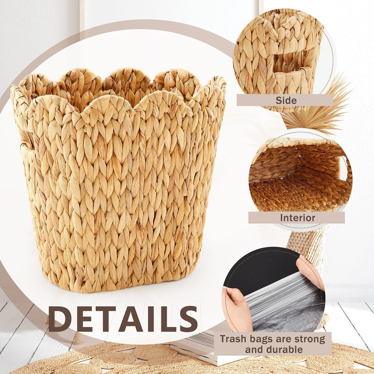 Ziliny 2 Pcs 3.6 Gallon Wicker Trash Can, Nature Scalloped Waste Basket