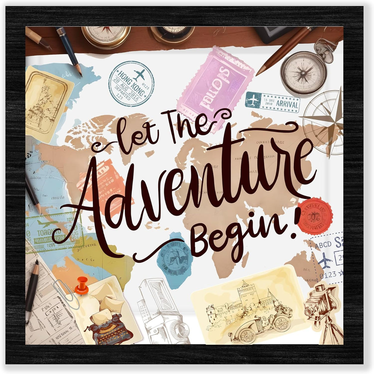 Black Travel Shadow Box Frame with Slot, Let The Adventure Begin Boxes Frames for Fund, 8x8 Memory Box for Keepsakes, Travel Gifts and Decorations, 12