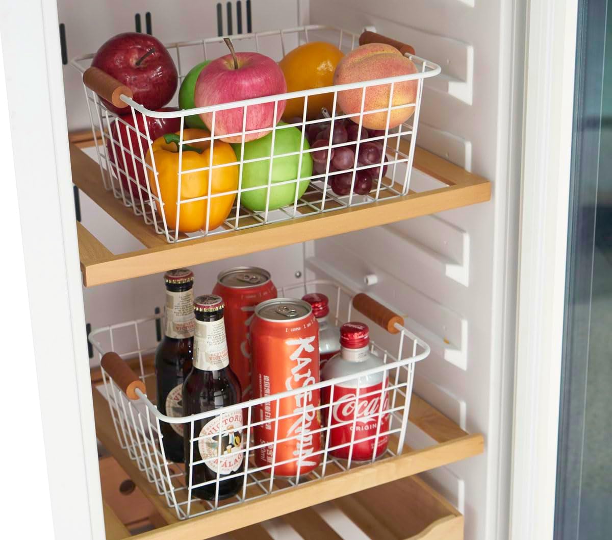 JUNCHU CHERRY Wire Kitchen Storage Basket 2 Packs,Perfect Pantry Organization Accessories Baskets,Laundry Basket,With a Wooden Handle,Suitable for Kitchen,Bathroom,Bedroom,Tabletop,Stackable,White
