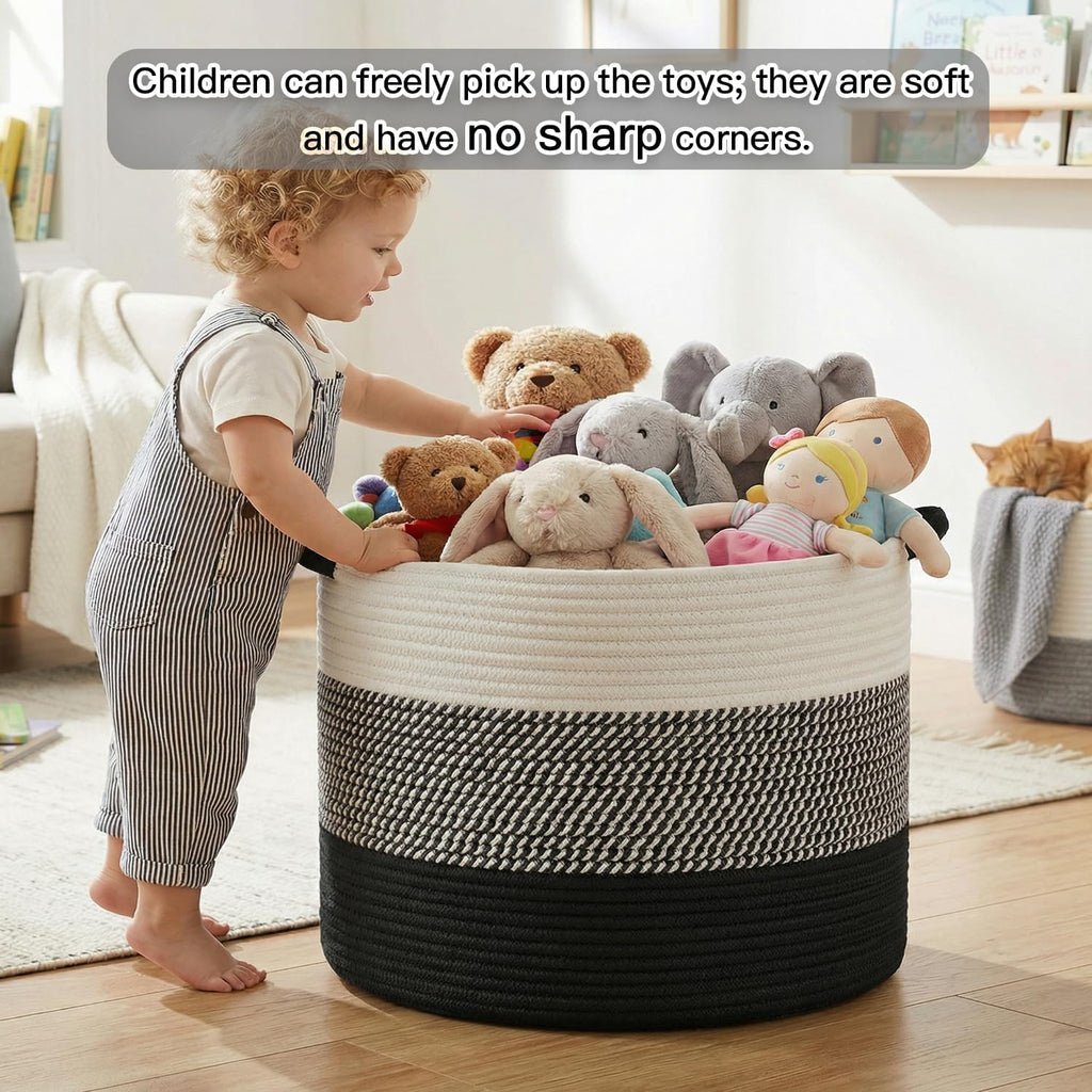 Artfeel 70L Large Cotton Rope Basket, Decorative Woven Blanket Storage for Living Room, Boho Toy Storage & Toy Box for Kids, Versatile Laundry Basket & Nursery Hamper for Blankets(Black)