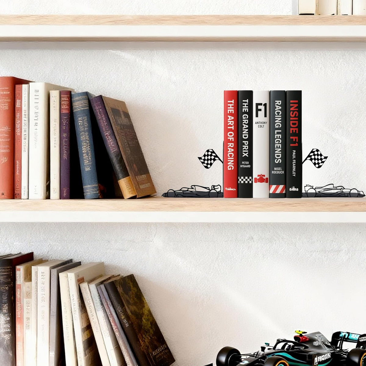 F1 Bookends – Metal Decorative Book Ends for Shelves, Racing Car Decor, Cute & Unique Bookshelf Accessories, Desk Accessories, Book Stopper