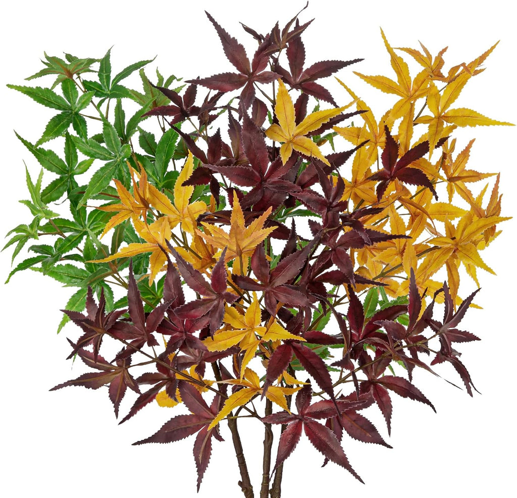 Hollyone 3Pcs Artificial Japanese Maple Leaves Branches 31.5'' Fake Fall Leaves Stems Plants Faux Maple Leaf Bushes Shrubs for Home Decor Thanksgiving Festival Party Autumn Decorations Mixed Color