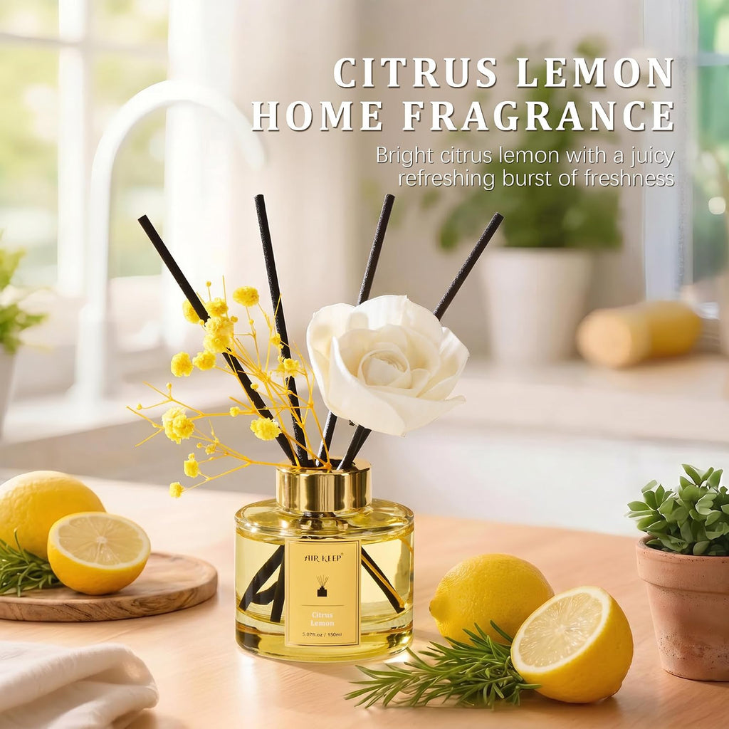 Airkeep Flower Reed Diffuser Set, Citrus Lemon Diffuser Set, 5.07 Fl.oz (150ml), Home Fragrance, Bathroom, Bedroom & Home Décor, Air Freshener