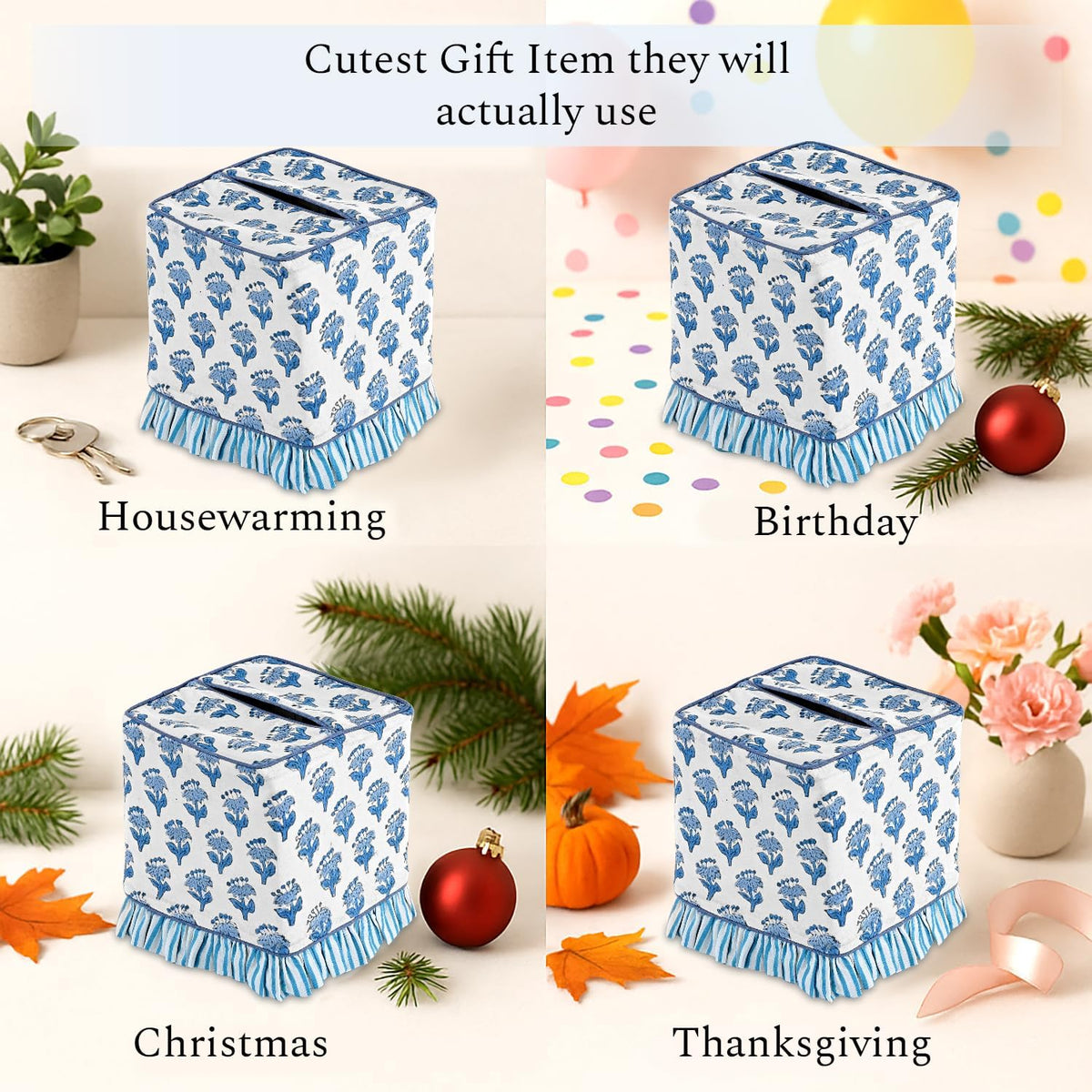 CPC 100% Cotton Ruffle Block Print Tissue Box Cover, Apatite Blue