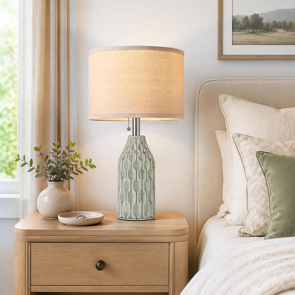 Modern Ceramic Table Lamps Set of 2 for Living Room Bedroom, Green