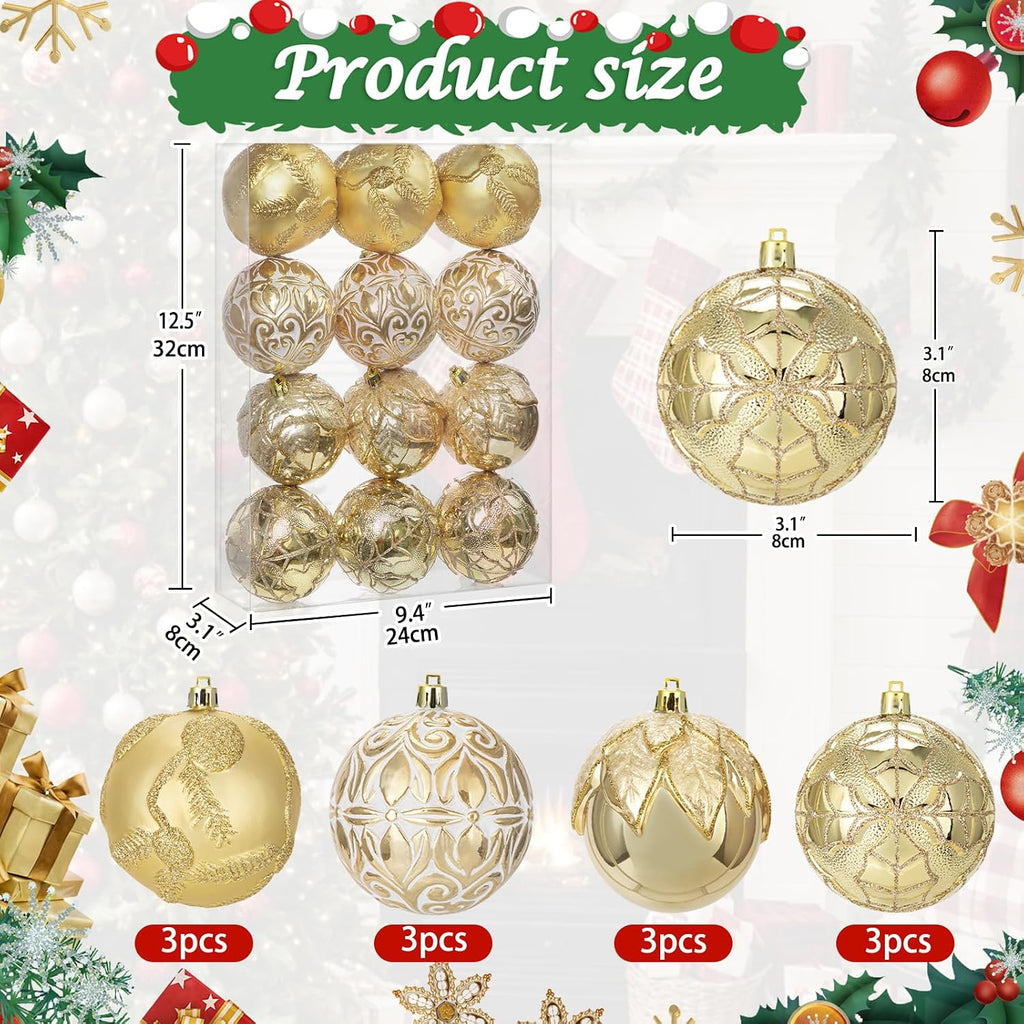 Hollyone 3.15"/80mm Gold Christmas Ball Ornaments 12 Pcs Shatterproof Christmas Tree Relief Ornament Set Large Hanging Balls for Xmas Wedding Holiday Wreath Home Decorations
