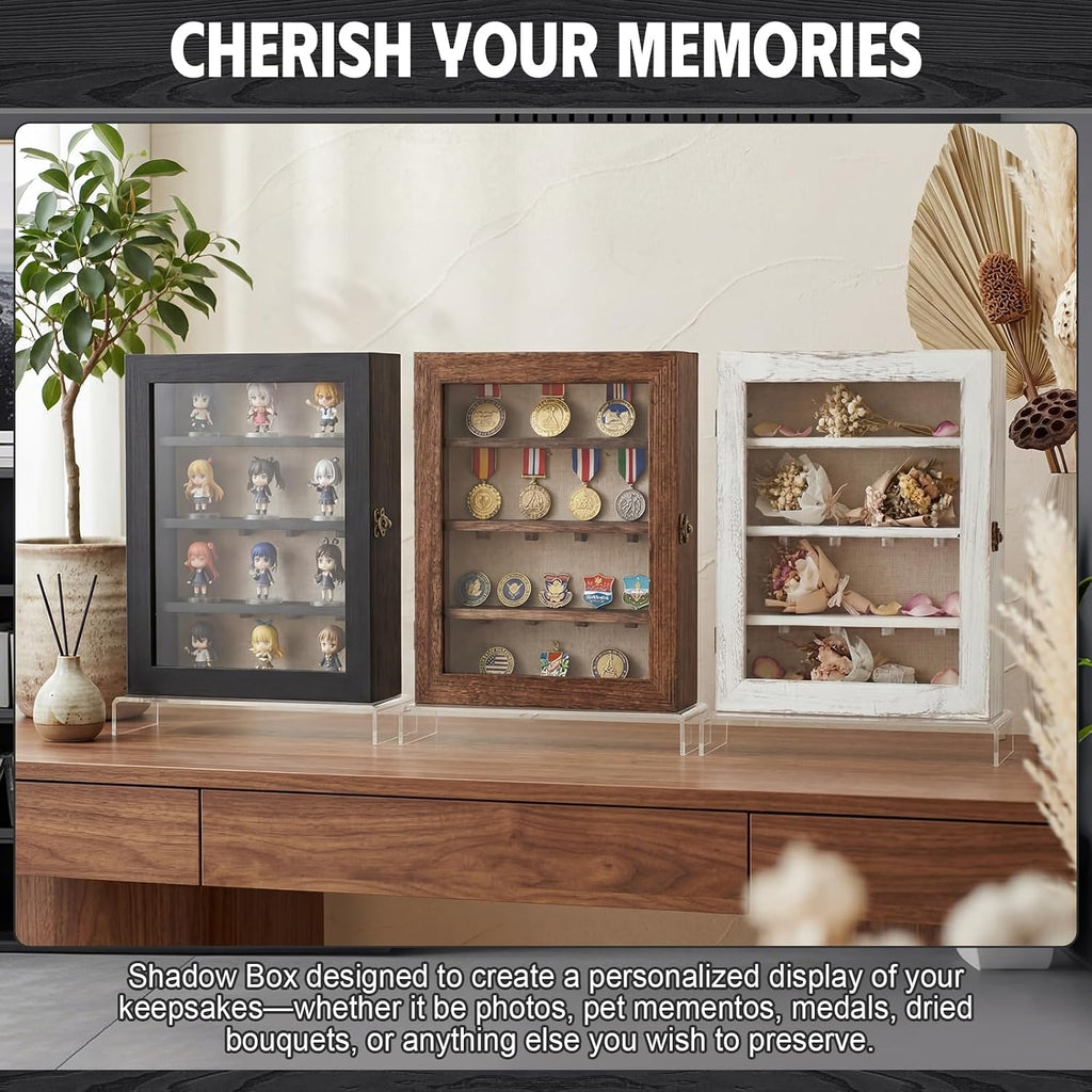 Gerrii Shadow Box Display Case 11 x 13 - Deep 5 Inch Wooden Picture Frame with Linen Back, Removable Shelves, Wooden Memory Case for Wedding Bouquets, Photos, Medals & Keepsakes, Black