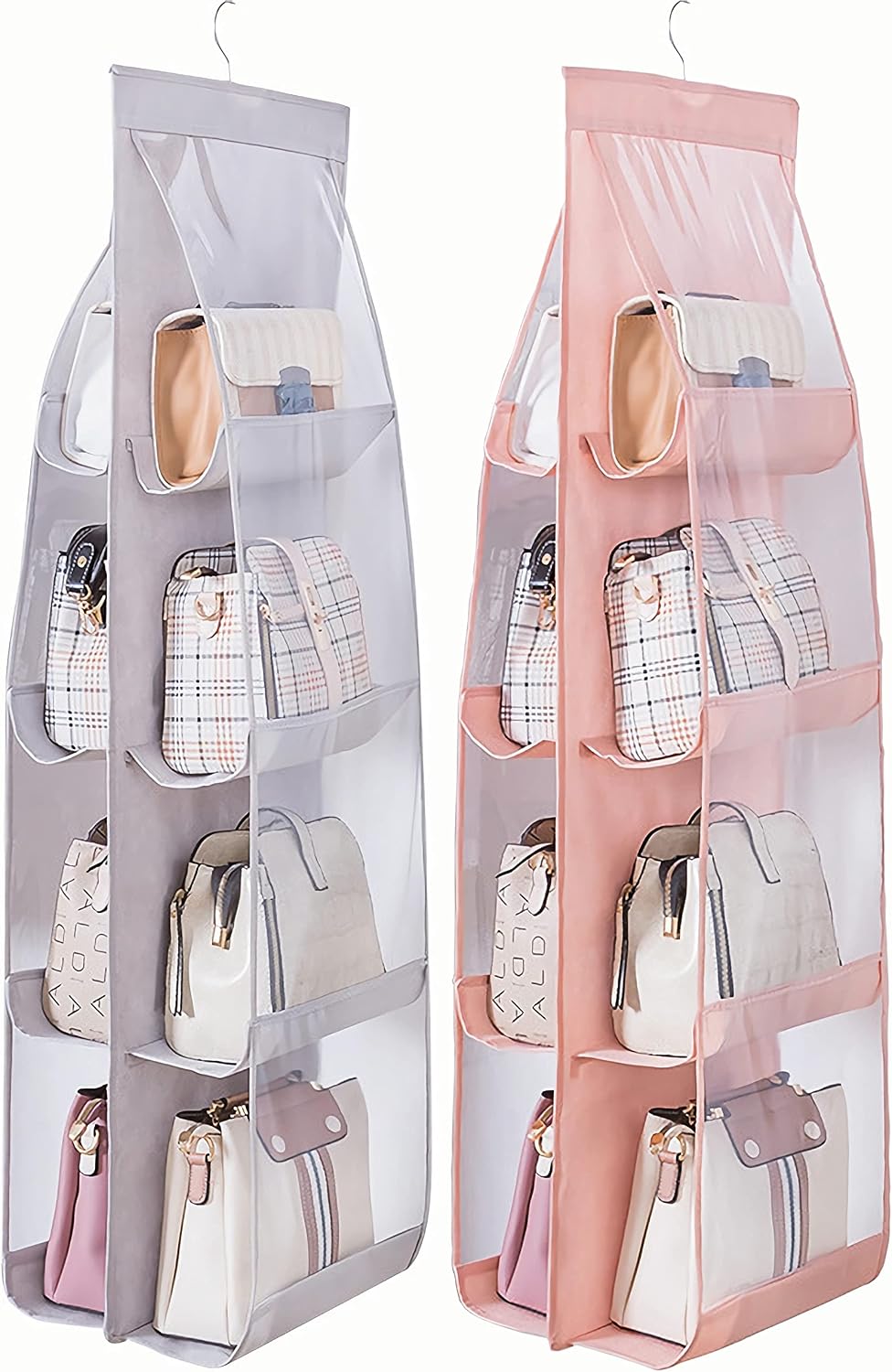 AARAINBOW 2 Packs Hanging Handbag Purse Organizer, Hanging Hand Bag Organizer Wardrobe Closet Purse Holder, 8 Pockets, 43.3L x 14.1W (B Gray Light Pink)