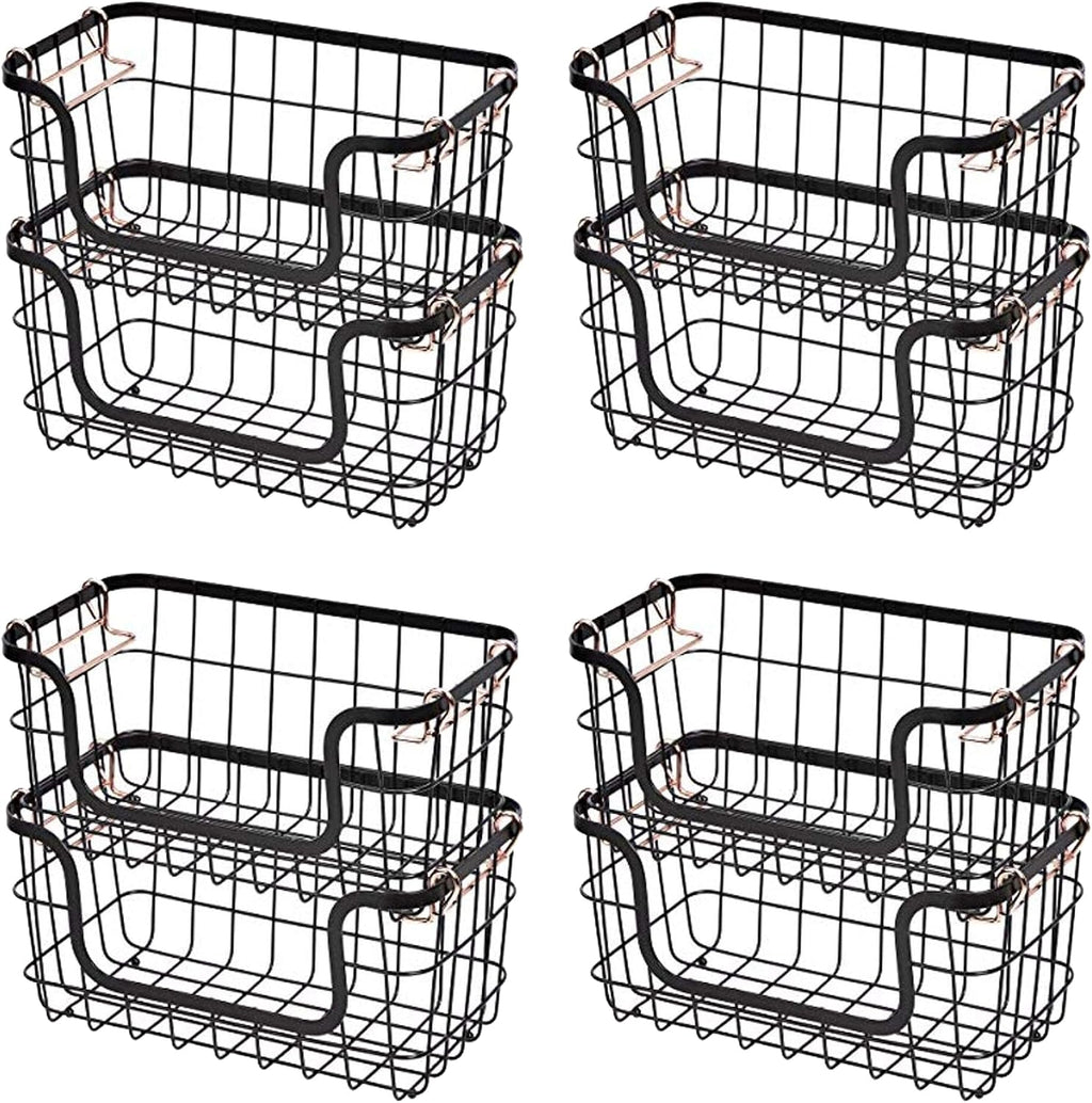 Amazon Basics Stackable Metal Wire Rectangular Storage Baskets for Kitchen, Bathroom or Pantry Organizing, 2 Count, Black (Pack of 4)