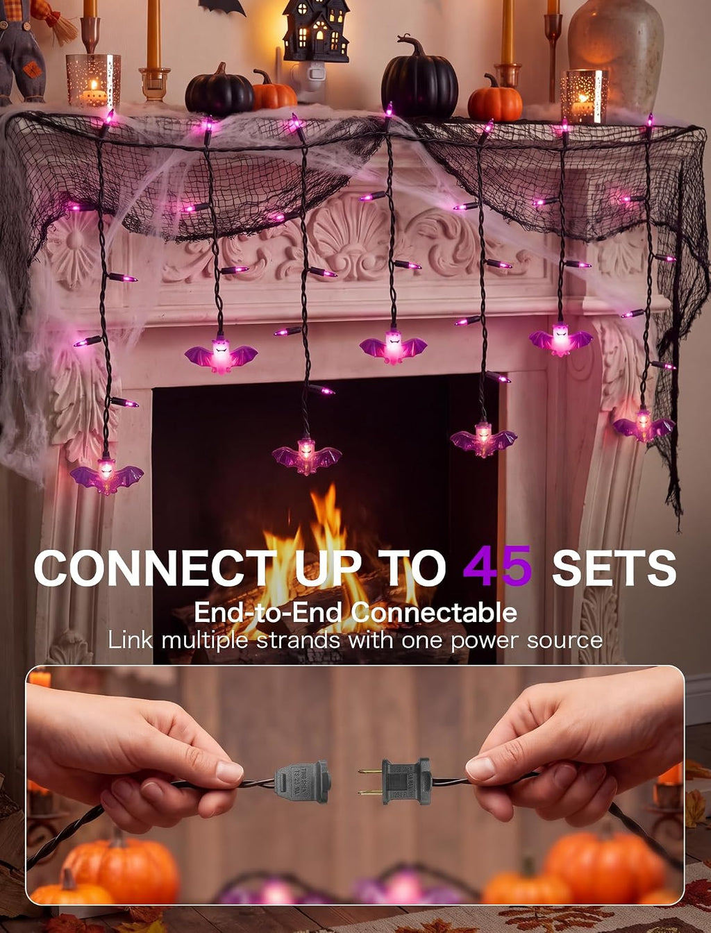 SUNSGNE Halloween Bat Curtain Lights, 7FT 50 LED Purple Window Decor