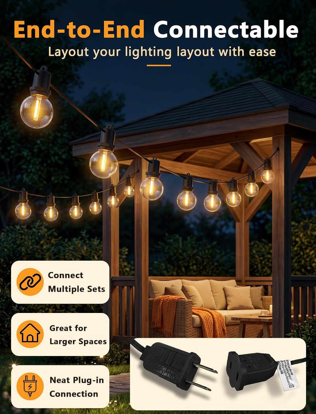 G40 LED Outdoor String Lights, 50FT, 27 Globe Bulbs, Black Wire